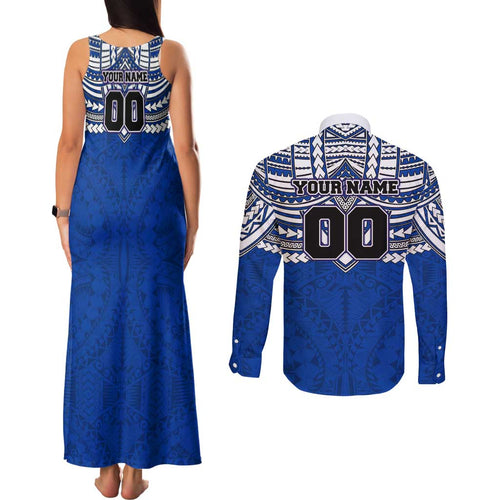 Personalized North Melbourne Kangaroos Couples Matching Tank Maxi Dress and Long Sleeve Button Shirt Polynesian Tribal Pattern Heritage Football