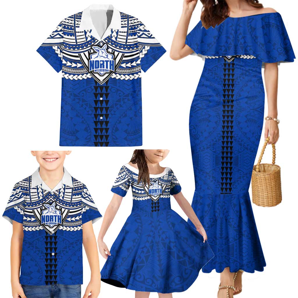 Personalized North Melbourne Kangaroos Family Matching Mermaid Dress and Hawaiian Shirt Polynesian Tribal Pattern Heritage Football