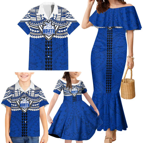 Personalized North Melbourne Kangaroos Family Matching Mermaid Dress and Hawaiian Shirt Polynesian Tribal Pattern Heritage Football