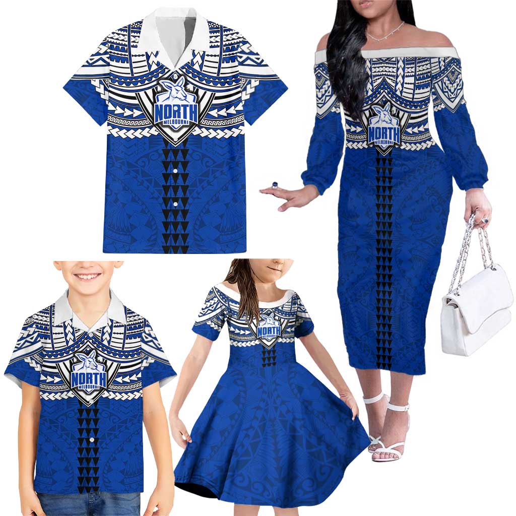 Personalized North Melbourne Kangaroos Family Matching Off The Shoulder Long Sleeve Dress and Hawaiian Shirt Polynesian Tribal Pattern Heritage Football