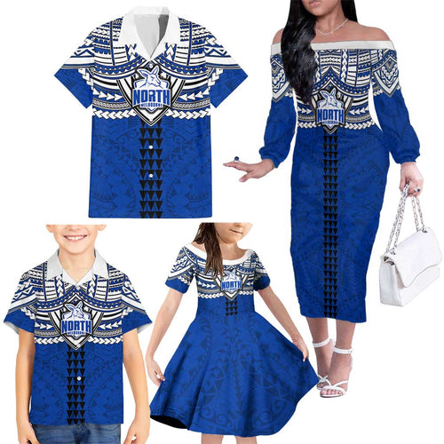 Personalized North Melbourne Kangaroos Family Matching Off The Shoulder Long Sleeve Dress and Hawaiian Shirt Polynesian Tribal Pattern Heritage Football