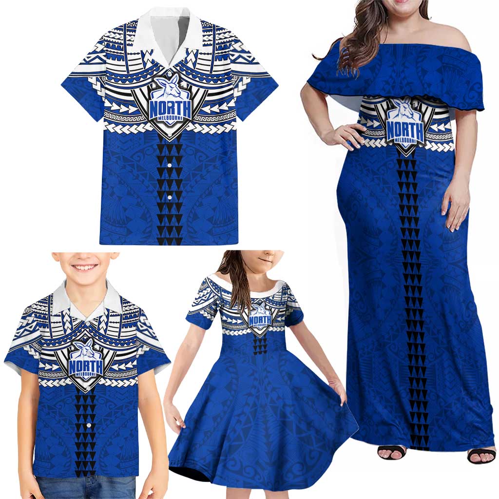 Personalized North Melbourne Kangaroos Family Matching Off Shoulder Maxi Dress and Hawaiian Shirt Polynesian Tribal Pattern Heritage Football
