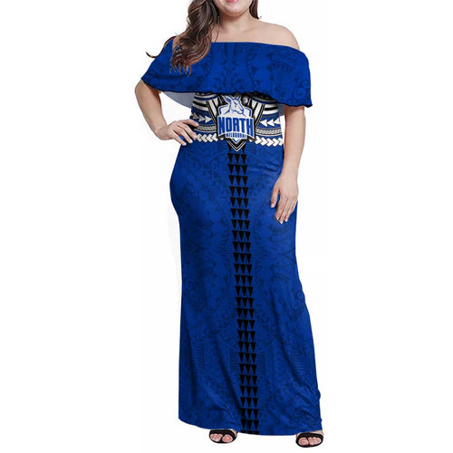Personalized North Melbourne Kangaroos Family Matching Off Shoulder Maxi Dress and Hawaiian Shirt Polynesian Tribal Pattern Heritage Football