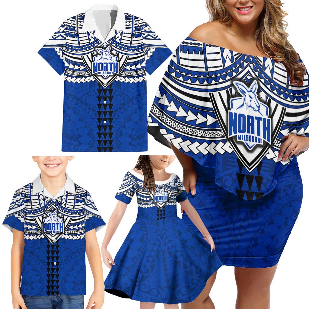 Personalized North Melbourne Kangaroos Family Matching Off Shoulder Short Dress and Hawaiian Shirt Polynesian Tribal Pattern Heritage Football