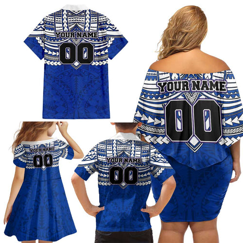 Personalized North Melbourne Kangaroos Family Matching Off Shoulder Short Dress and Hawaiian Shirt Polynesian Tribal Pattern Heritage Football