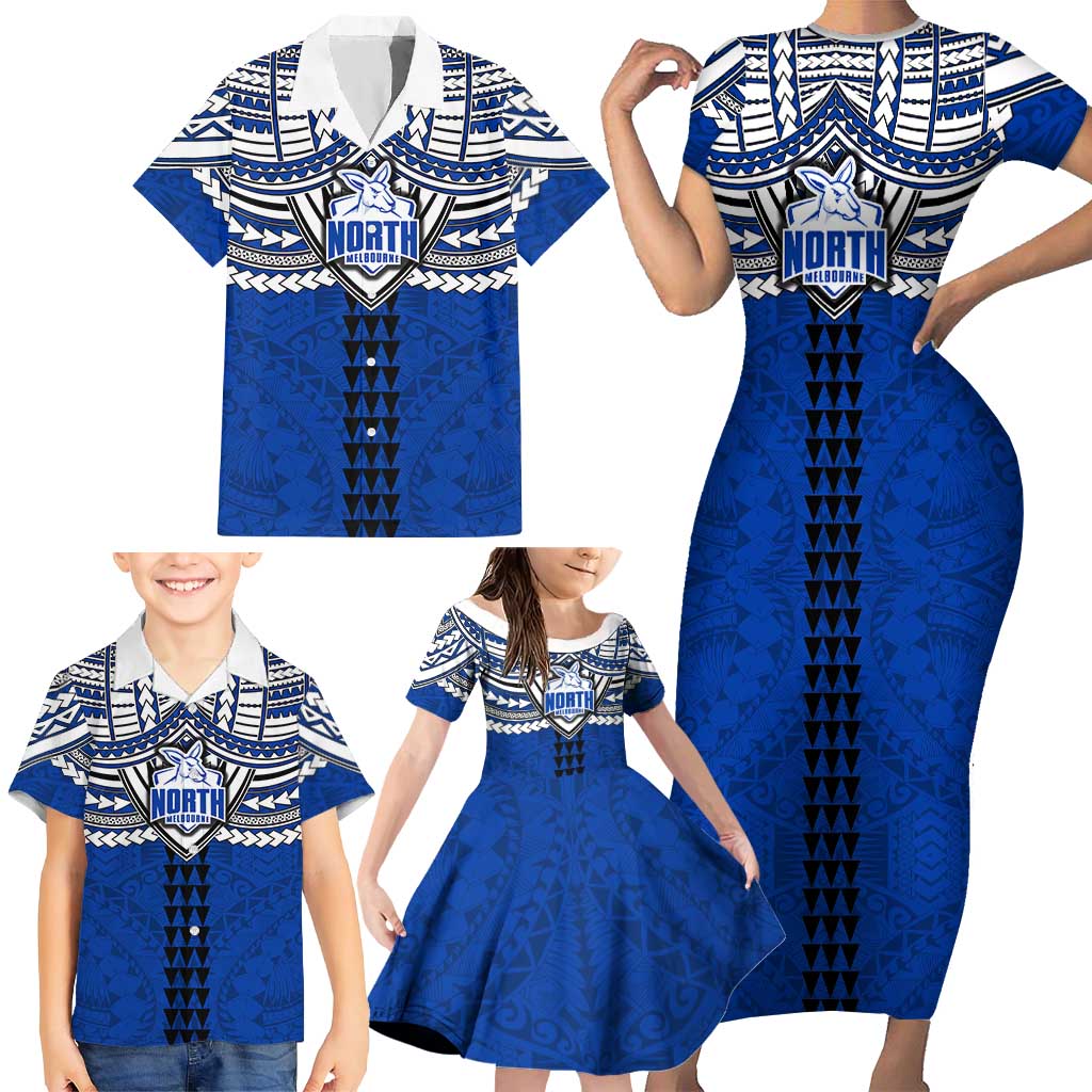 Personalized North Melbourne Kangaroos Family Matching Short Sleeve Bodycon Dress and Hawaiian Shirt Polynesian Tribal Pattern Heritage Football