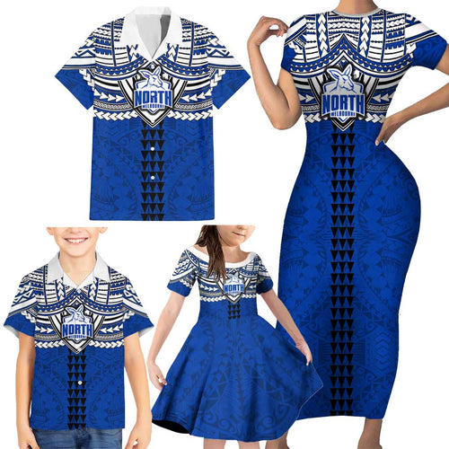 Personalized North Melbourne Kangaroos Family Matching Short Sleeve Bodycon Dress and Hawaiian Shirt Polynesian Tribal Pattern Heritage Football