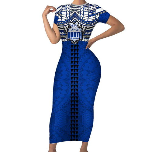 Personalized North Melbourne Kangaroos Family Matching Short Sleeve Bodycon Dress and Hawaiian Shirt Polynesian Tribal Pattern Heritage Football