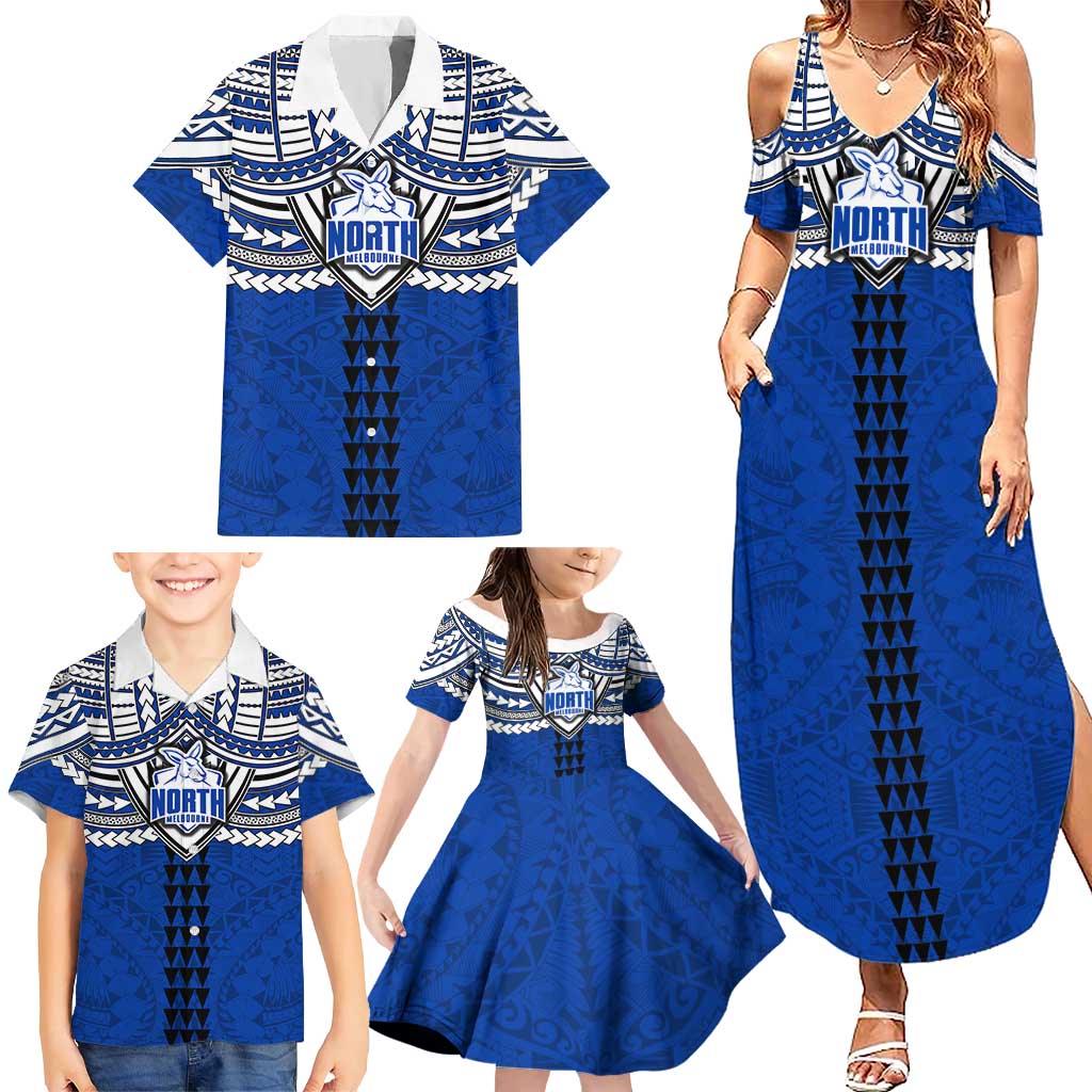 Personalized North Melbourne Kangaroos Family Matching Summer Maxi Dress and Hawaiian Shirt Polynesian Tribal Pattern Heritage Football