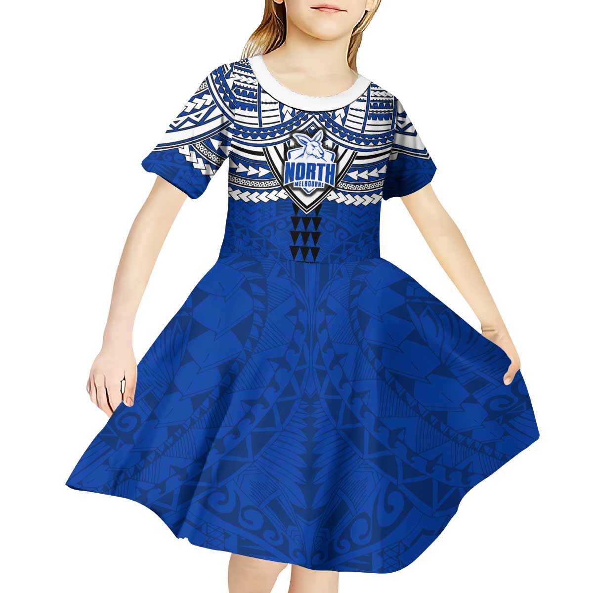 Personalized North Melbourne Kangaroos Kid Short Sleeve Dress Polynesian Tribal Pattern Heritage Football