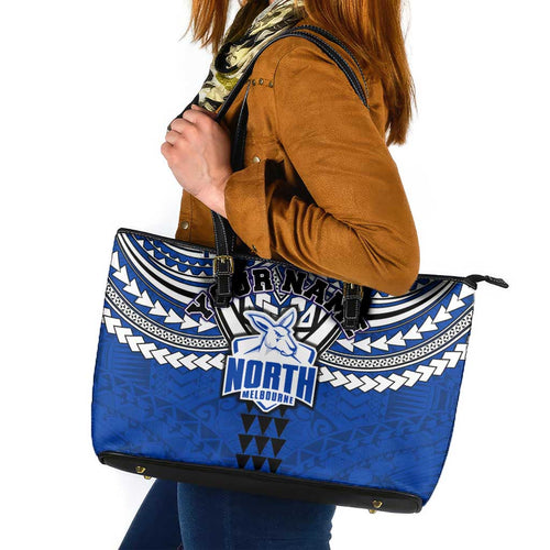 Personalized North Melbourne Kangaroos Leather Tote Bag Polynesian Tribal Pattern Heritage Football