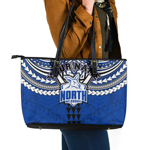 Personalized North Melbourne Kangaroos Leather Tote Bag Polynesian Tribal Pattern Heritage Football