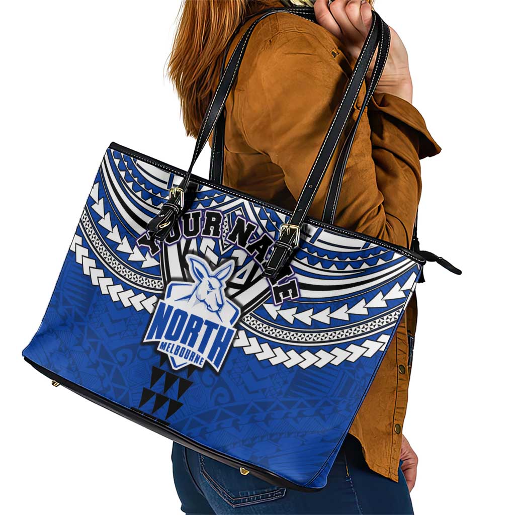 Personalized North Melbourne Kangaroos Leather Tote Bag Polynesian Tribal Pattern Heritage Football