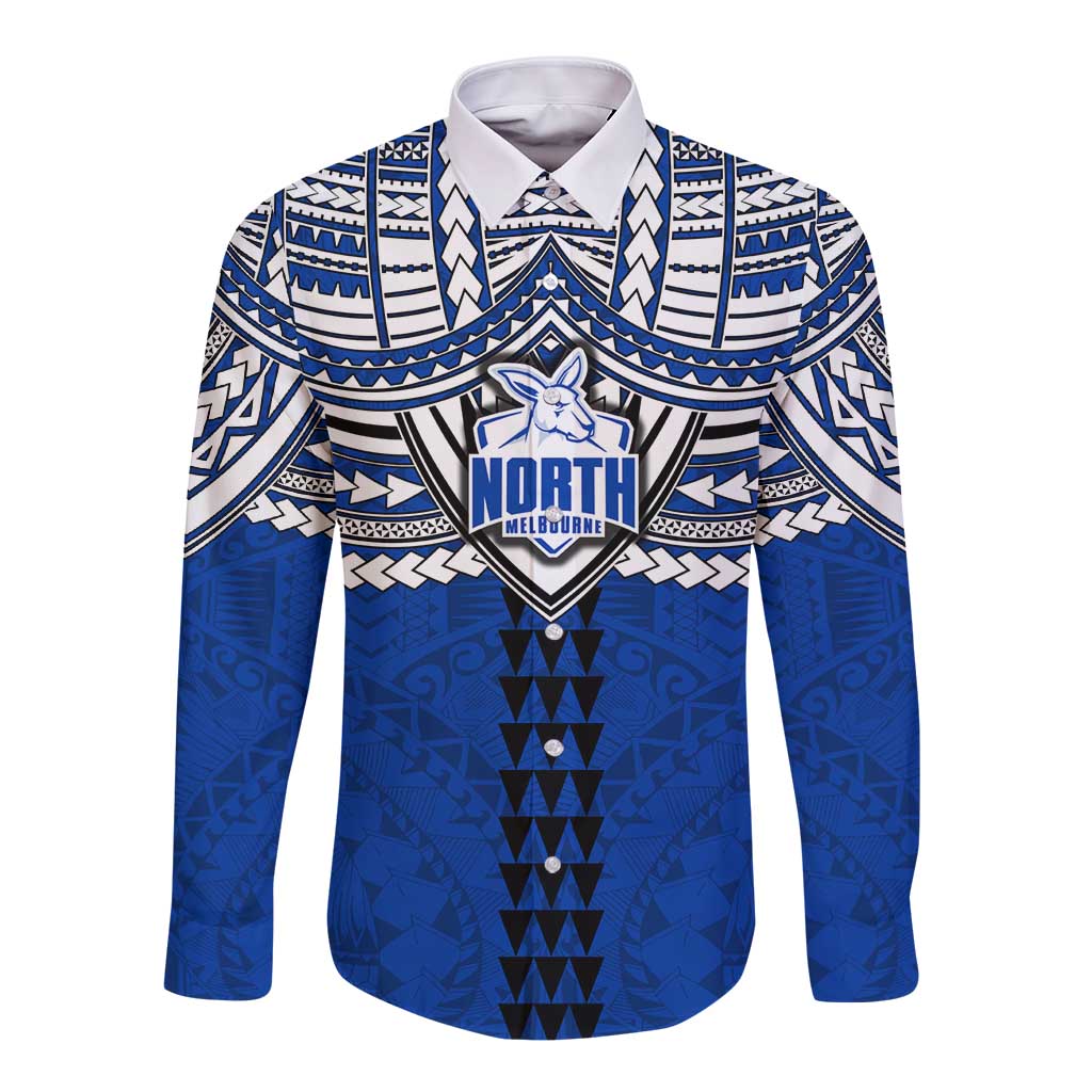 Personalized North Melbourne Kangaroos Long Sleeve Button Shirt Polynesian Tribal Pattern Heritage Football