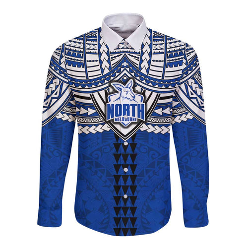Personalized North Melbourne Kangaroos Long Sleeve Button Shirt Polynesian Tribal Pattern Heritage Football