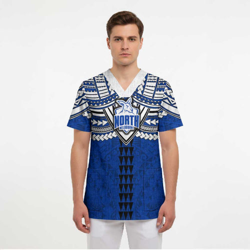 Personalized North Melbourne Kangaroos Scrub Top Polynesian Tribal Pattern Heritage Football