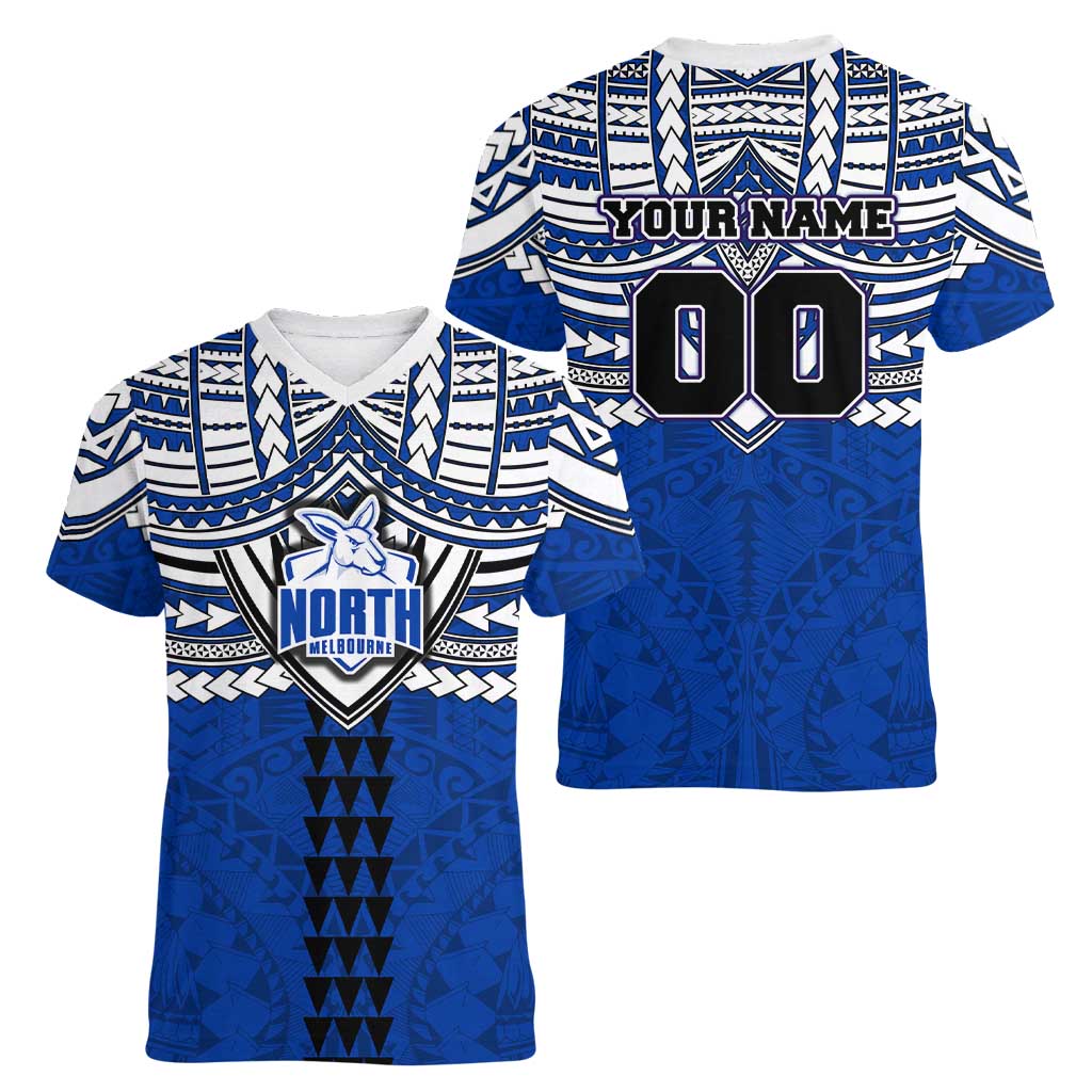 Personalized North Melbourne Kangaroos Women V-Neck T-Shirt Polynesian Tribal Pattern Heritage Football