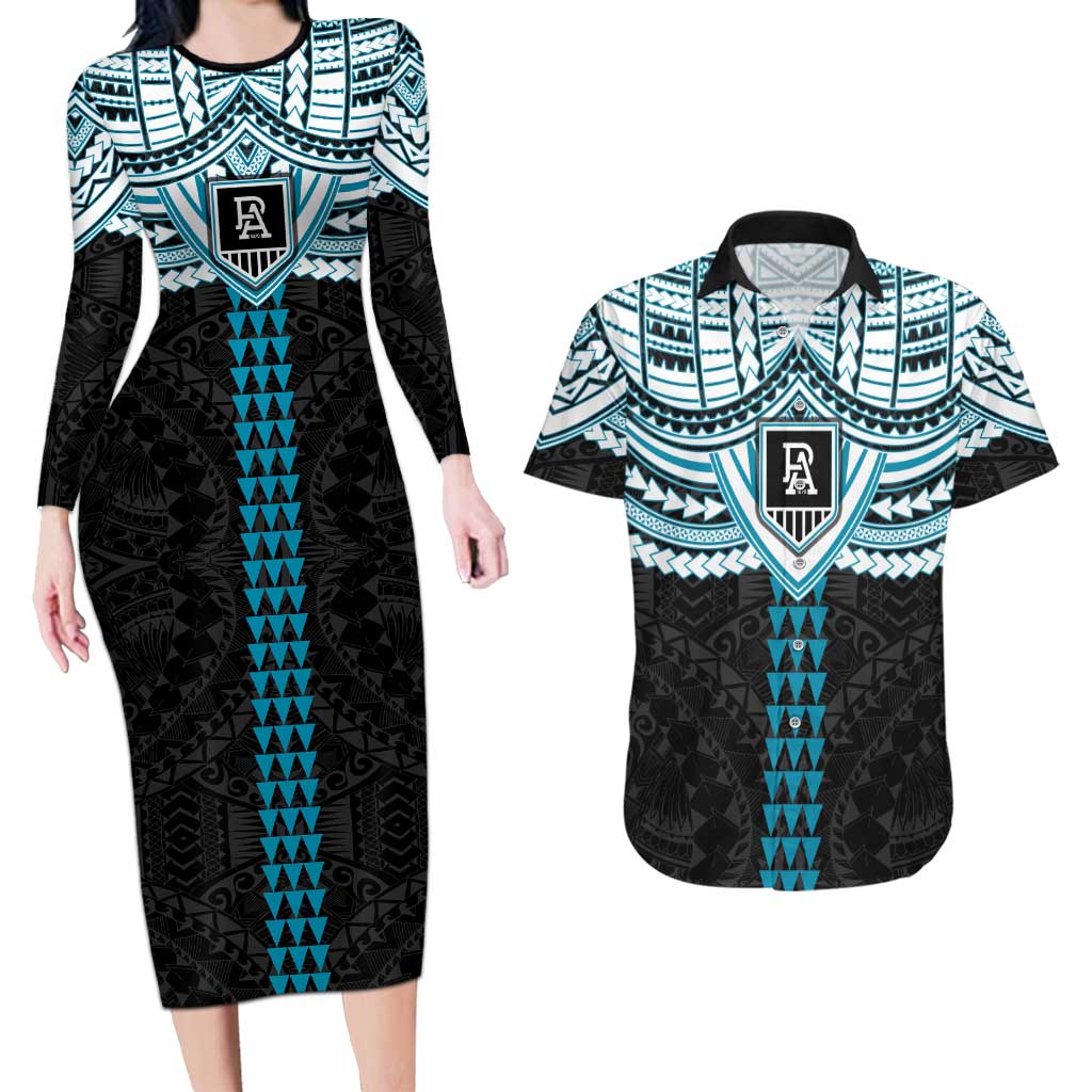 Personalized Port Adelaide Power Couples Matching Long Sleeve Bodycon Dress and Hawaiian Shirt Polynesian Tribal Pattern Heritage Football