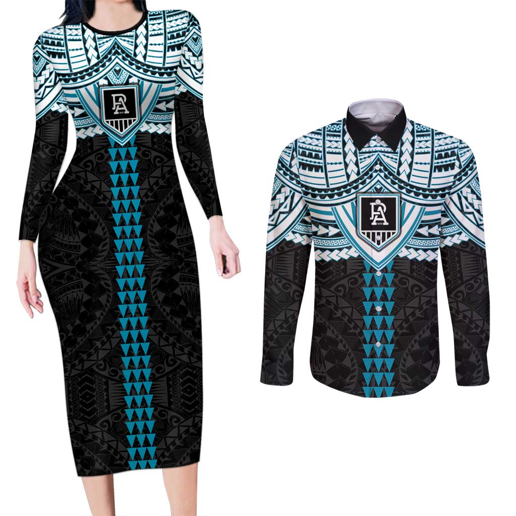 Personalized Port Adelaide Power Couples Matching Long Sleeve Bodycon Dress and Long Sleeve Button Shirt Polynesian Tribal Pattern Heritage Football