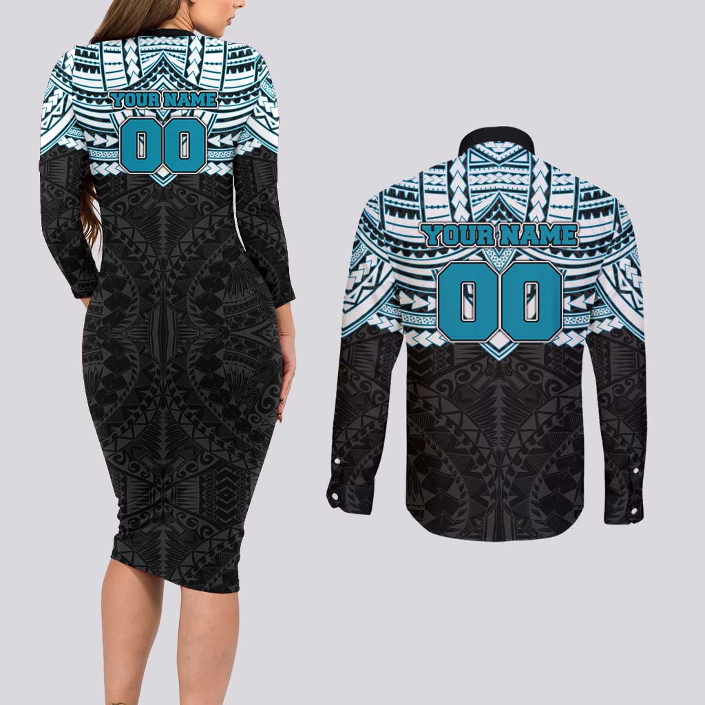 Personalized Port Adelaide Power Couples Matching Long Sleeve Bodycon Dress and Long Sleeve Button Shirt Polynesian Tribal Pattern Heritage Football