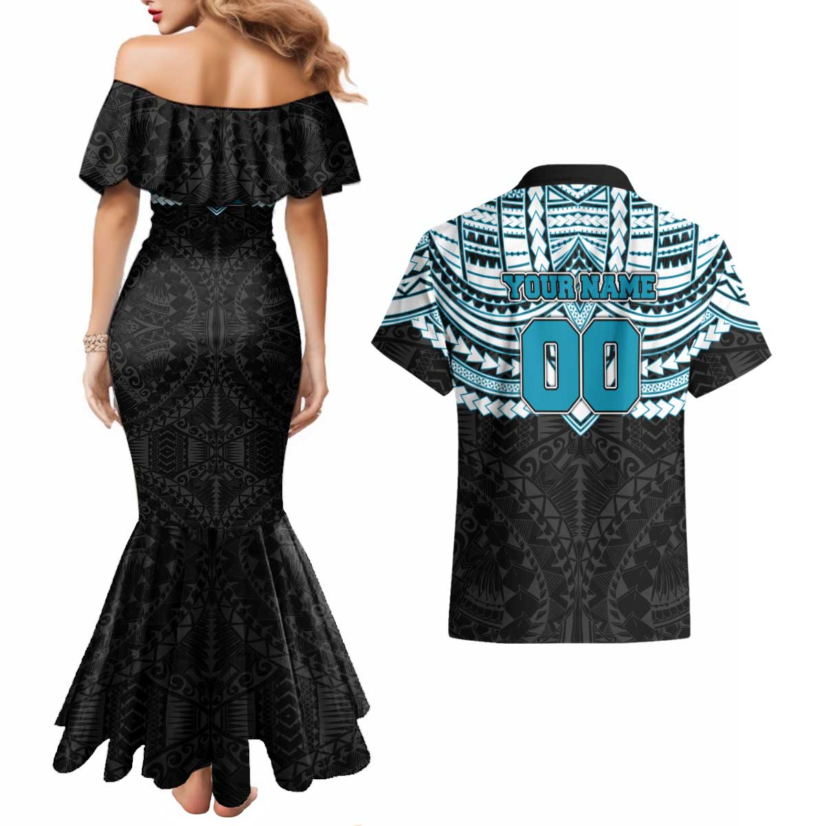 Personalized Port Adelaide Power Couples Matching Mermaid Dress and Hawaiian Shirt Polynesian Tribal Pattern Heritage Football