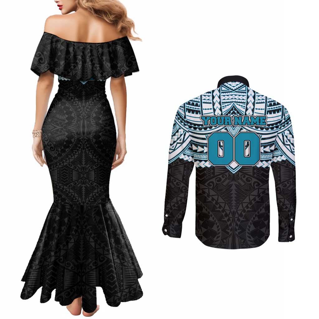 Personalized Port Adelaide Power Couples Matching Mermaid Dress and Long Sleeve Button Shirt Polynesian Tribal Pattern Heritage Football