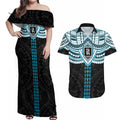 Personalized Port Adelaide Power Couples Matching Off Shoulder Maxi Dress and Hawaiian Shirt Polynesian Tribal Pattern Heritage Football