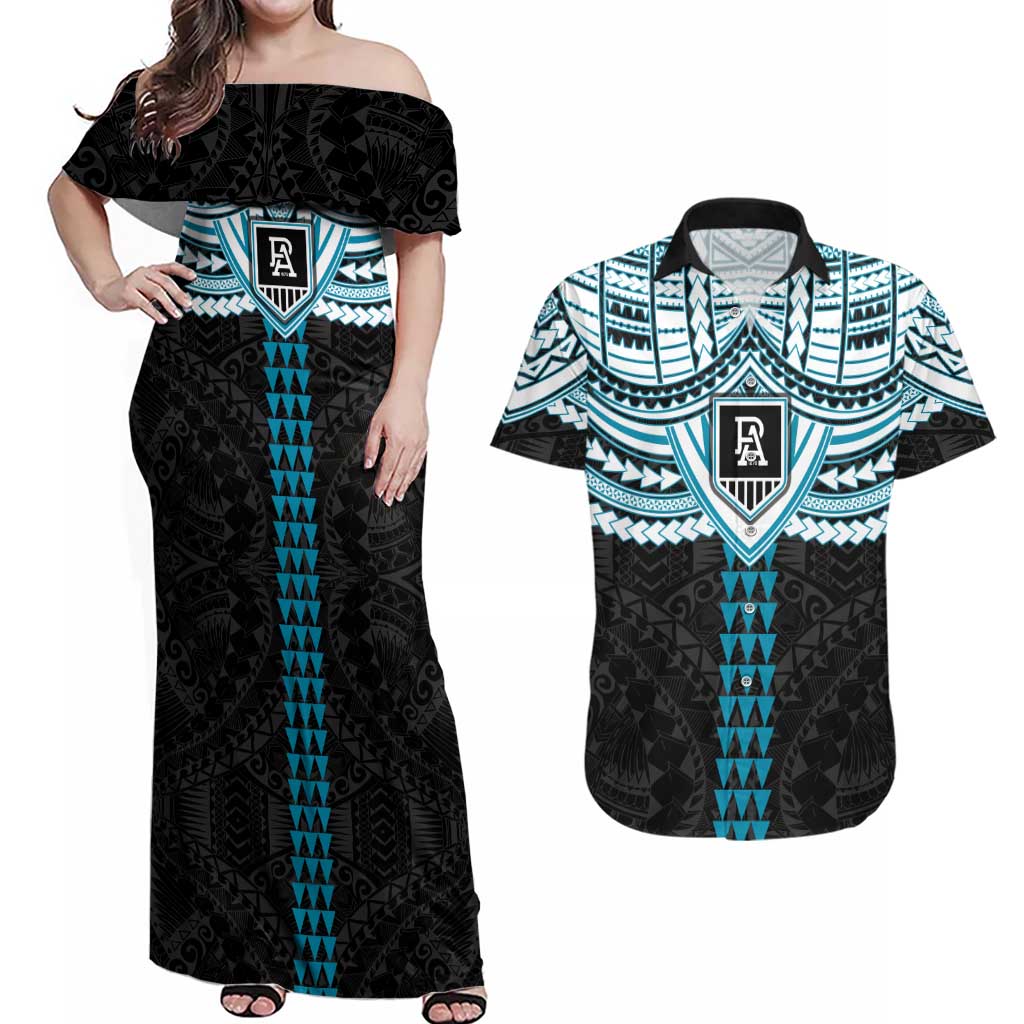 Personalized Port Adelaide Power Couples Matching Off Shoulder Maxi Dress and Hawaiian Shirt Polynesian Tribal Pattern Heritage Football