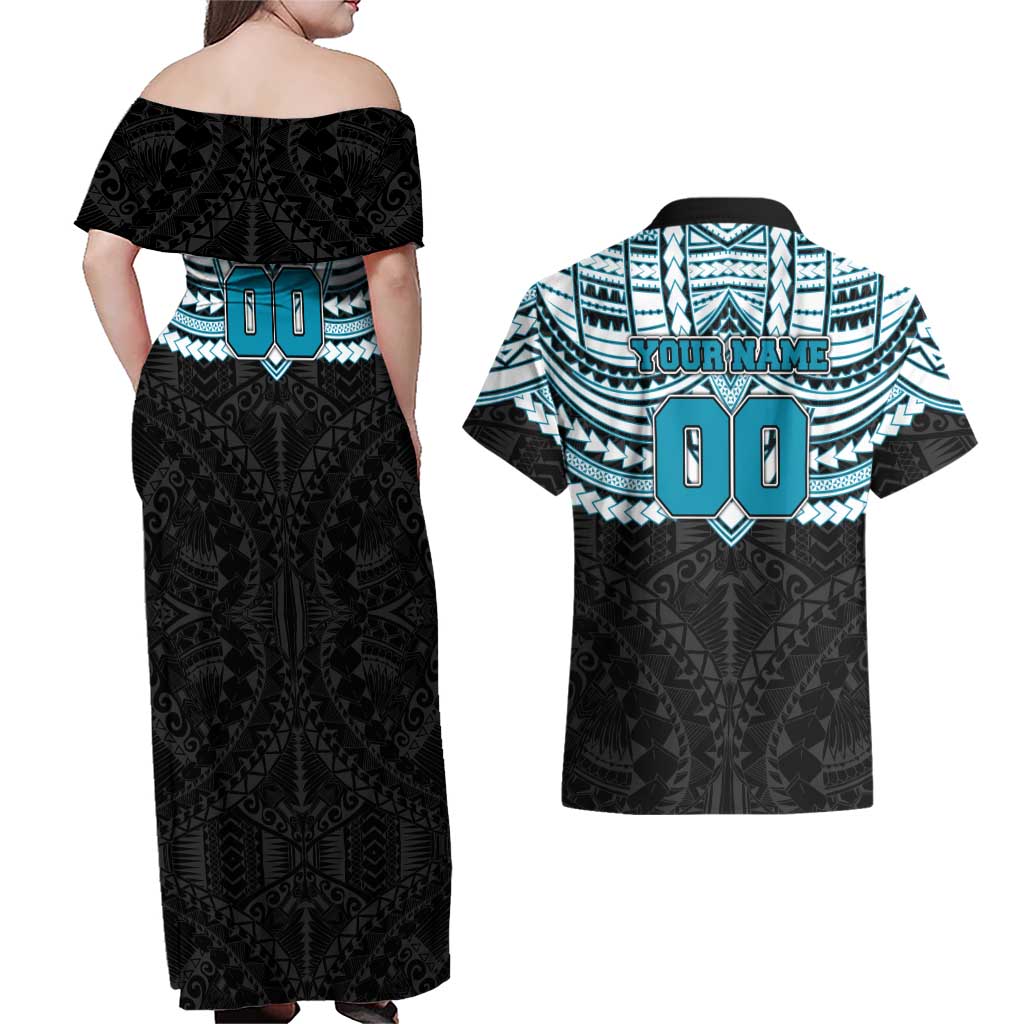 Personalized Port Adelaide Power Couples Matching Off Shoulder Maxi Dress and Hawaiian Shirt Polynesian Tribal Pattern Heritage Football