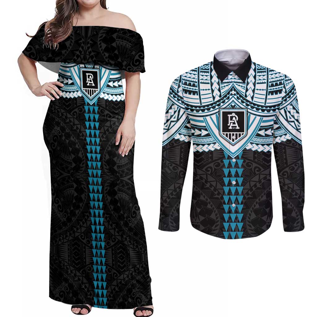 Personalized Port Adelaide Power Couples Matching Off Shoulder Maxi Dress and Long Sleeve Button Shirt Polynesian Tribal Pattern Heritage Football
