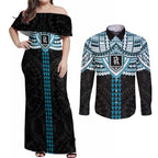 Personalized Port Adelaide Power Couples Matching Off Shoulder Maxi Dress and Long Sleeve Button Shirt Polynesian Tribal Pattern Heritage Football