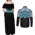 Personalized Port Adelaide Power Couples Matching Off Shoulder Maxi Dress and Long Sleeve Button Shirt Polynesian Tribal Pattern Heritage Football
