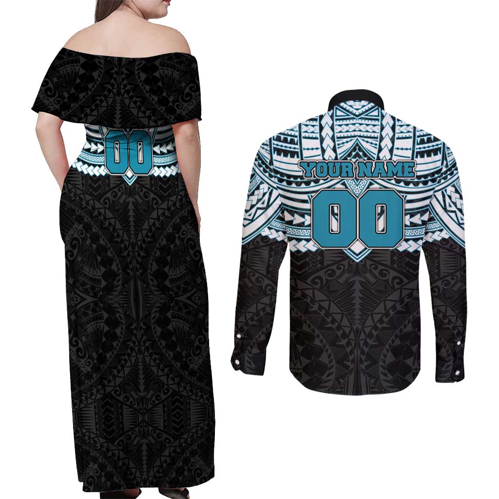Personalized Port Adelaide Power Couples Matching Off Shoulder Maxi Dress and Long Sleeve Button Shirt Polynesian Tribal Pattern Heritage Football