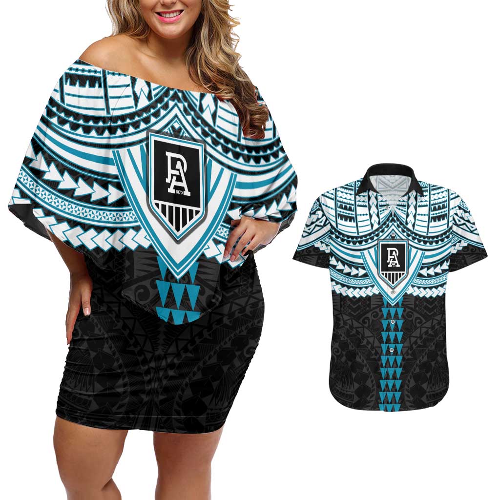 Personalized Port Adelaide Power Couples Matching Off Shoulder Short Dress and Hawaiian Shirt Polynesian Tribal Pattern Heritage Football