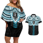 Personalized Port Adelaide Power Couples Matching Off Shoulder Short Dress and Hawaiian Shirt Polynesian Tribal Pattern Heritage Football