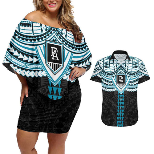 Personalized Port Adelaide Power Couples Matching Off Shoulder Short Dress and Hawaiian Shirt Polynesian Tribal Pattern Heritage Football