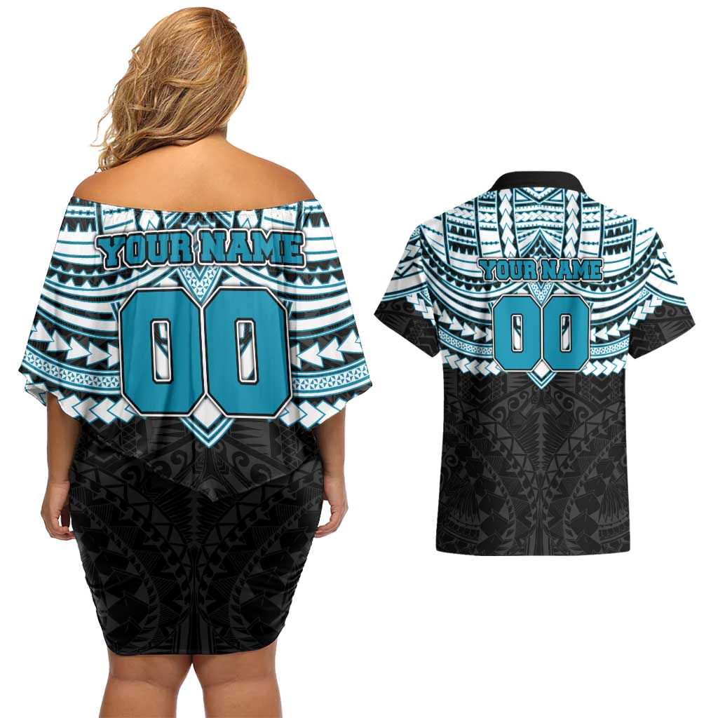 Personalized Port Adelaide Power Couples Matching Off Shoulder Short Dress and Hawaiian Shirt Polynesian Tribal Pattern Heritage Football