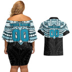 Personalized Port Adelaide Power Couples Matching Off Shoulder Short Dress and Hawaiian Shirt Polynesian Tribal Pattern Heritage Football