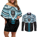 Personalized Port Adelaide Power Couples Matching Off Shoulder Short Dress and Long Sleeve Button Shirt Polynesian Tribal Pattern Heritage Football