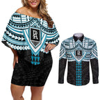 Personalized Port Adelaide Power Couples Matching Off Shoulder Short Dress and Long Sleeve Button Shirt Polynesian Tribal Pattern Heritage Football