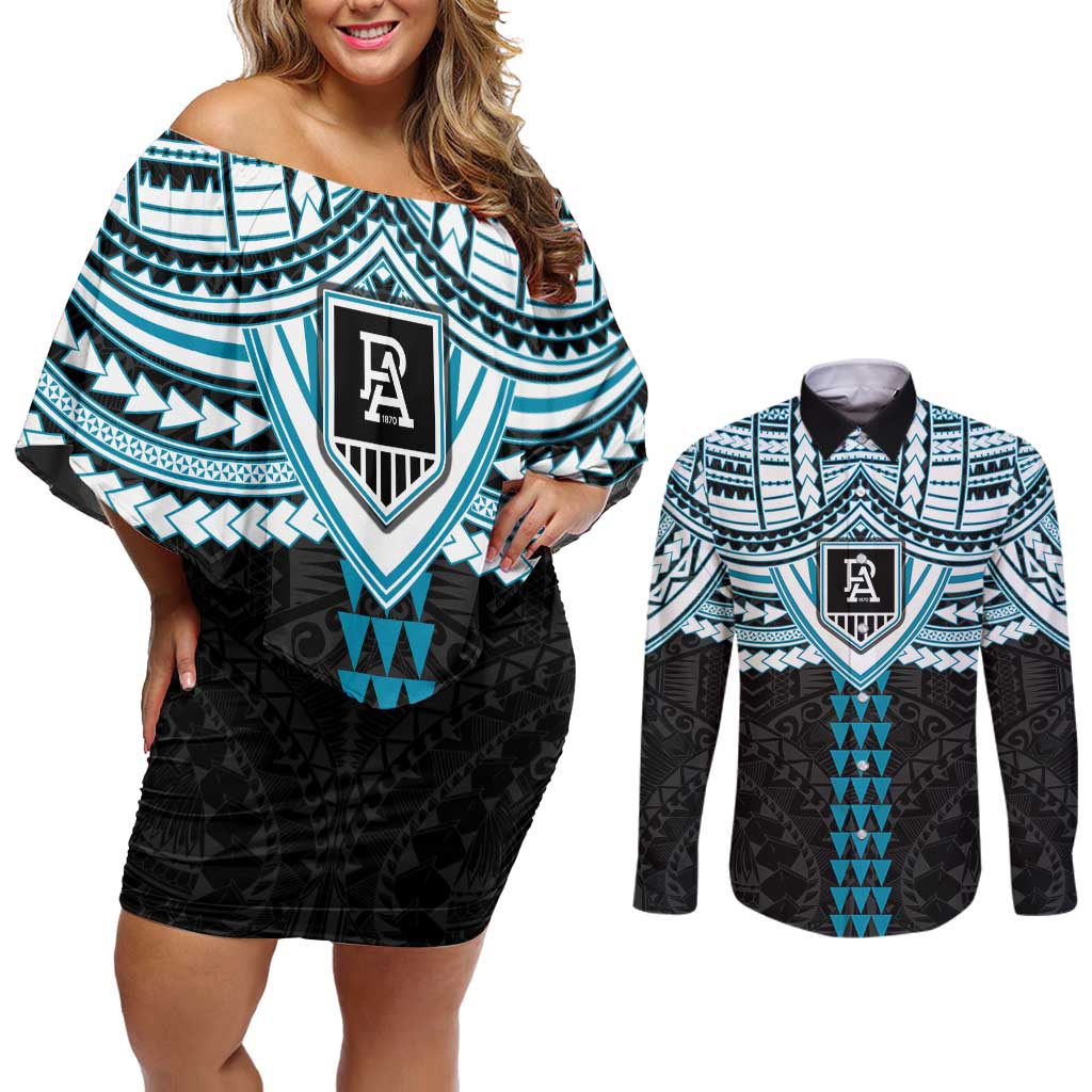 Personalized Port Adelaide Power Couples Matching Off Shoulder Short Dress and Long Sleeve Button Shirt Polynesian Tribal Pattern Heritage Football
