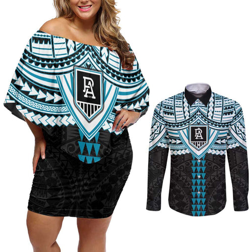 Personalized Port Adelaide Power Couples Matching Off Shoulder Short Dress and Long Sleeve Button Shirt Polynesian Tribal Pattern Heritage Football