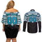 Personalized Port Adelaide Power Couples Matching Off Shoulder Short Dress and Long Sleeve Button Shirt Polynesian Tribal Pattern Heritage Football