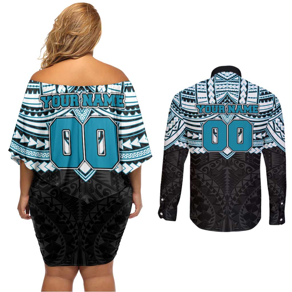 Personalized Port Adelaide Power Couples Matching Off Shoulder Short Dress and Long Sleeve Button Shirt Polynesian Tribal Pattern Heritage Football