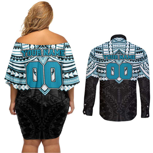 Personalized Port Adelaide Power Couples Matching Off Shoulder Short Dress and Long Sleeve Button Shirt Polynesian Tribal Pattern Heritage Football