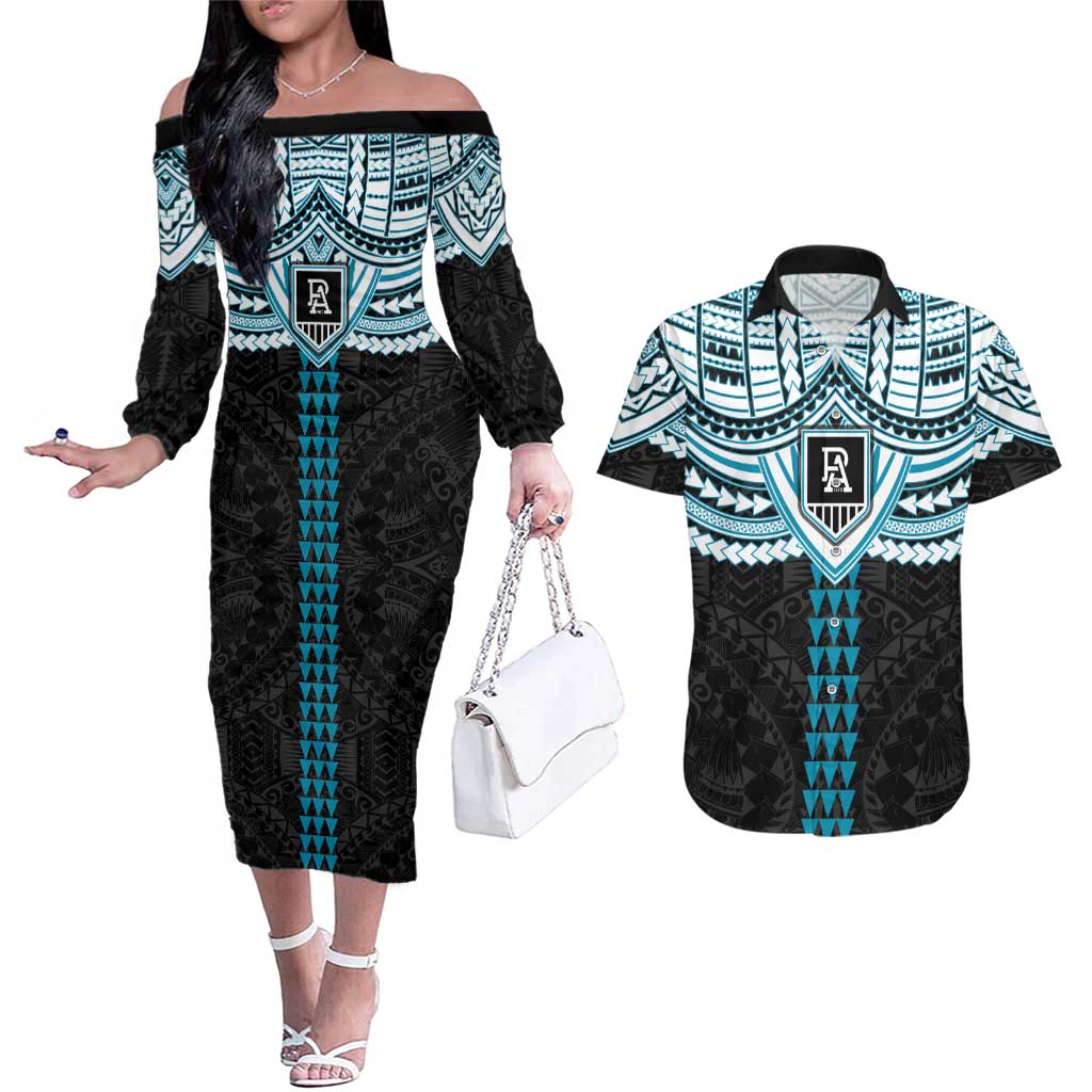 Personalized Port Adelaide Power Couples Matching Off The Shoulder Long Sleeve Dress and Hawaiian Shirt Polynesian Tribal Pattern Heritage Football