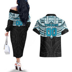 Personalized Port Adelaide Power Couples Matching Off The Shoulder Long Sleeve Dress and Hawaiian Shirt Polynesian Tribal Pattern Heritage Football