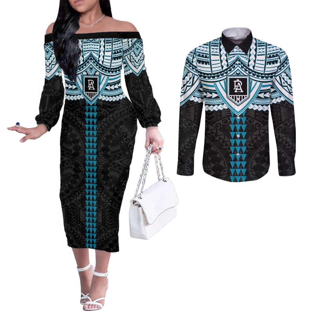 Personalized Port Adelaide Power Couples Matching Off The Shoulder Long Sleeve Dress and Long Sleeve Button Shirt Polynesian Tribal Pattern Heritage Football