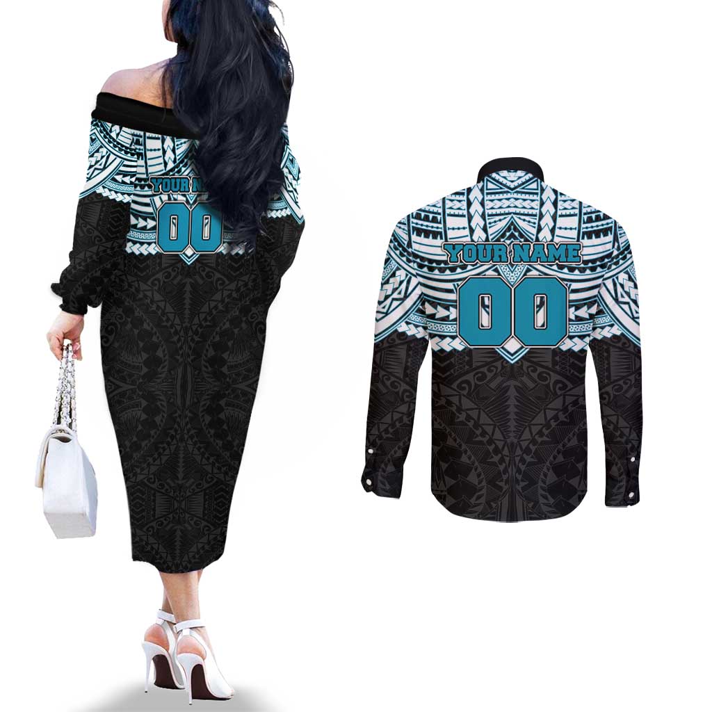 Personalized Port Adelaide Power Couples Matching Off The Shoulder Long Sleeve Dress and Long Sleeve Button Shirt Polynesian Tribal Pattern Heritage Football