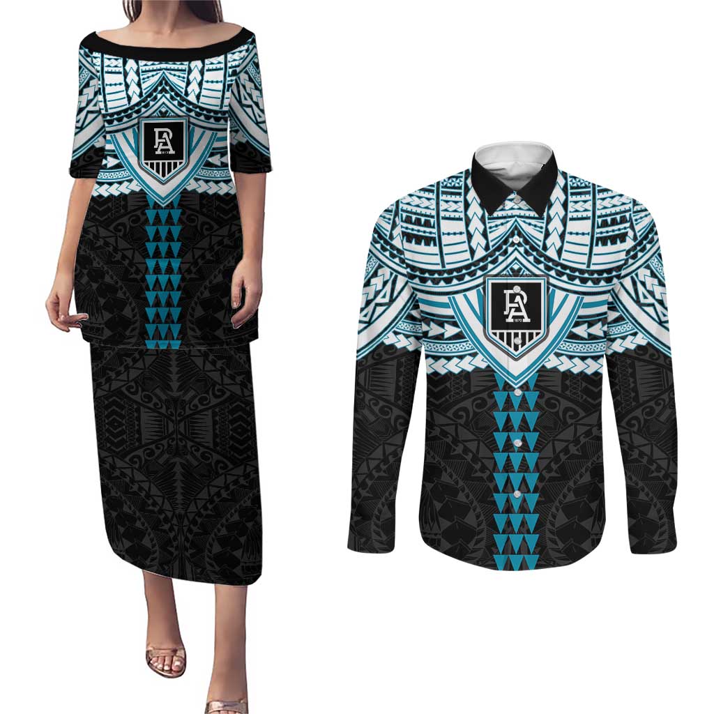 Personalized Port Adelaide Power Couples Matching Puletasi and Long Sleeve Button Shirt Polynesian Tribal Pattern Heritage Football